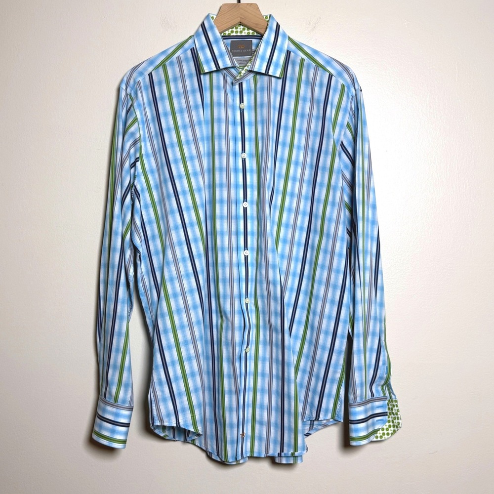 Thomas Dean Mens Button Up Shirt L Blue Striped Green Pima Cotton Office Formal